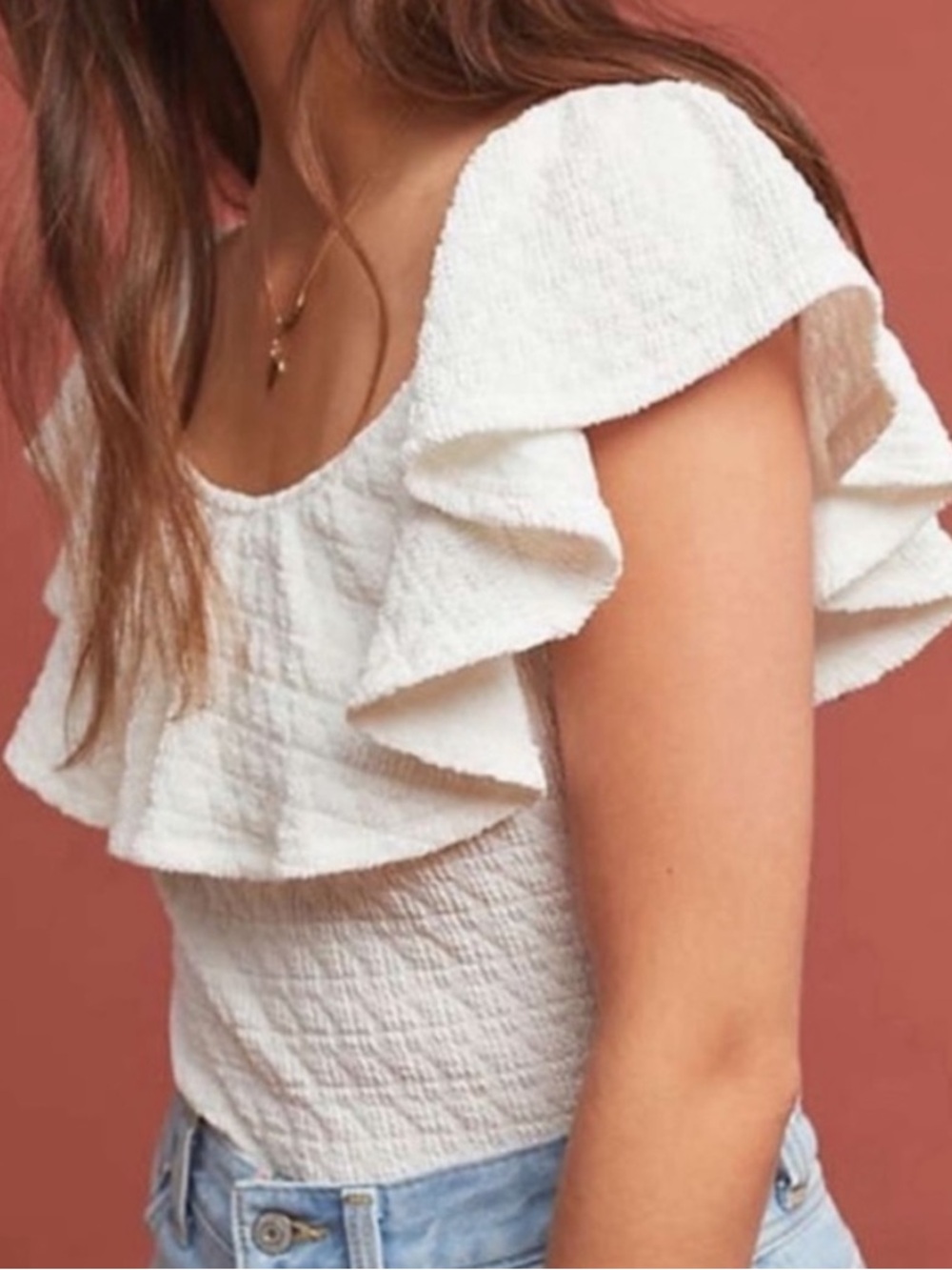 Anthropologie White Off The Shoulder Ruffle Top
